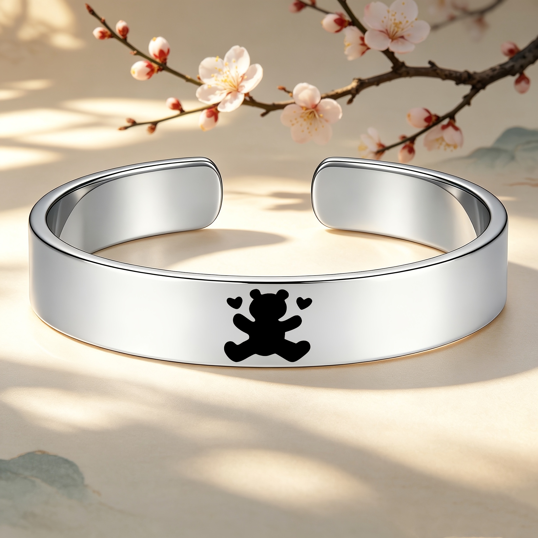 Cute Bear Silhouette Heart Design Stainless Steel Open Bangle, Gift